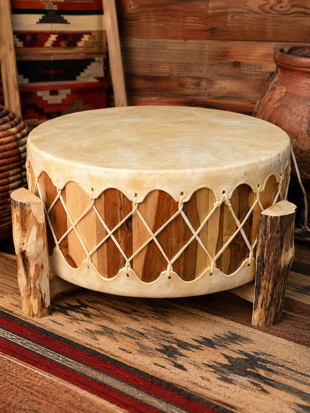 Handcrafted wooden drum with tensioned leather hide