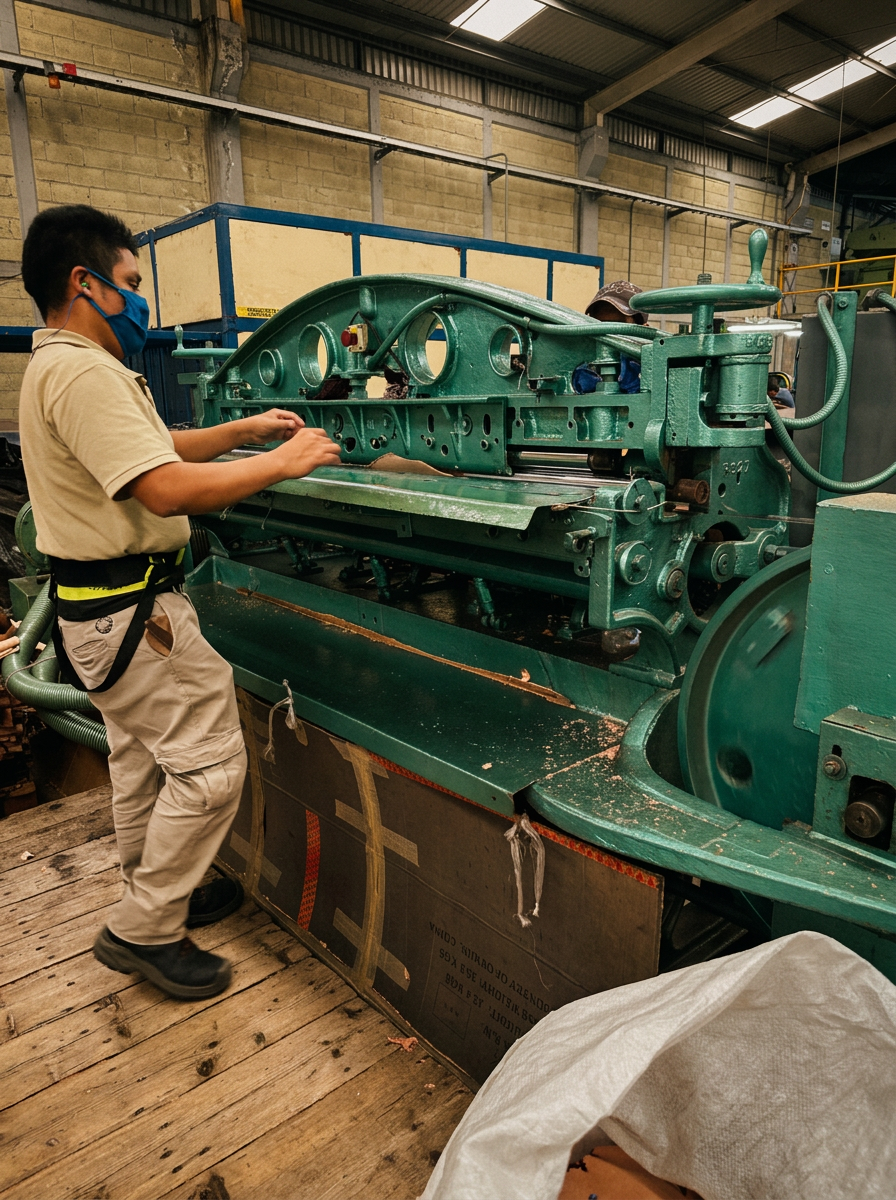 Craftsman operating a vintage leather splitting machine