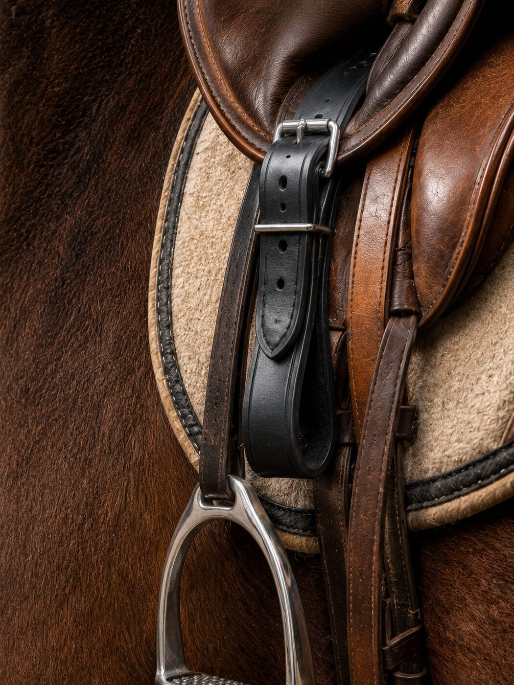 Black leather stirrup leather buckled on an English saddle