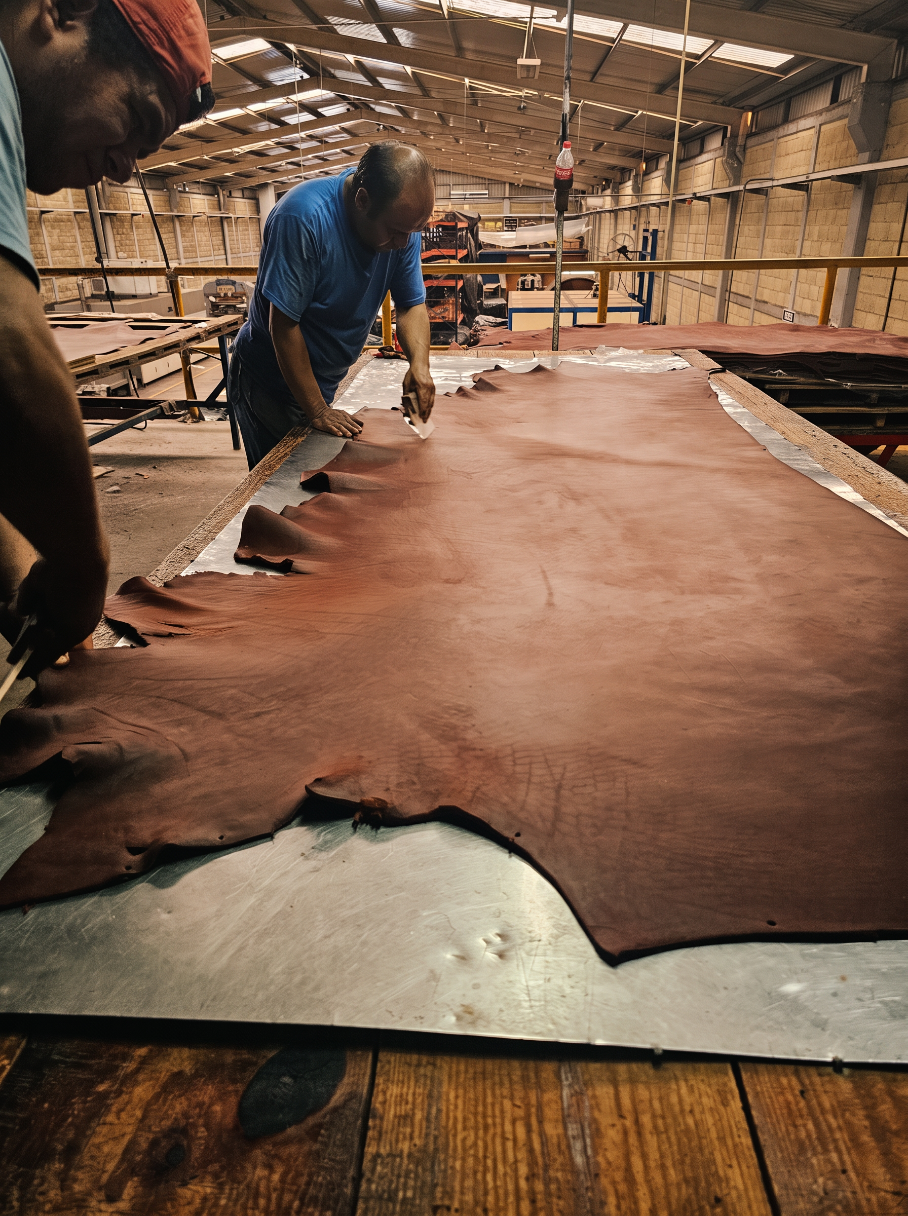Two craftsmen working a large brown hide on a steel table