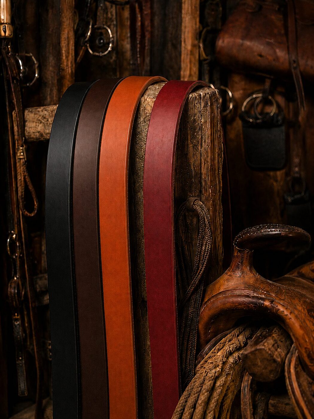 Dyed leather straps in black, brown, orange and red hanging in a tack room