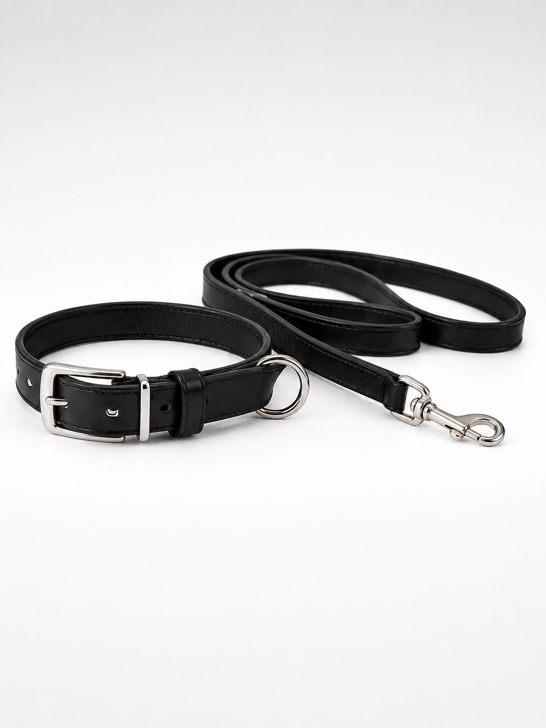 Black leather dog collar and leash with metal hardware
