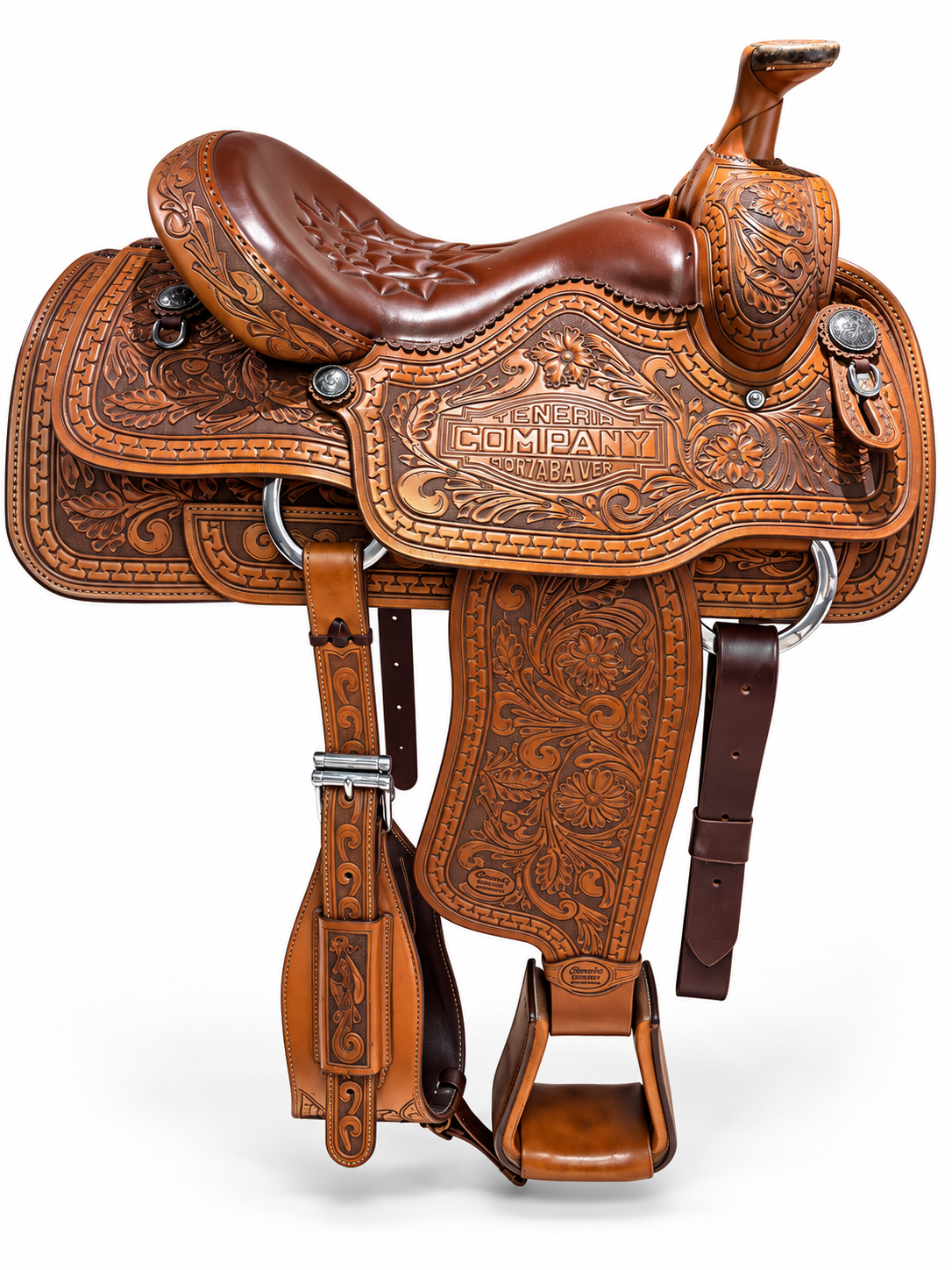 Hand-tooled western saddle in tan leather with silver conchos