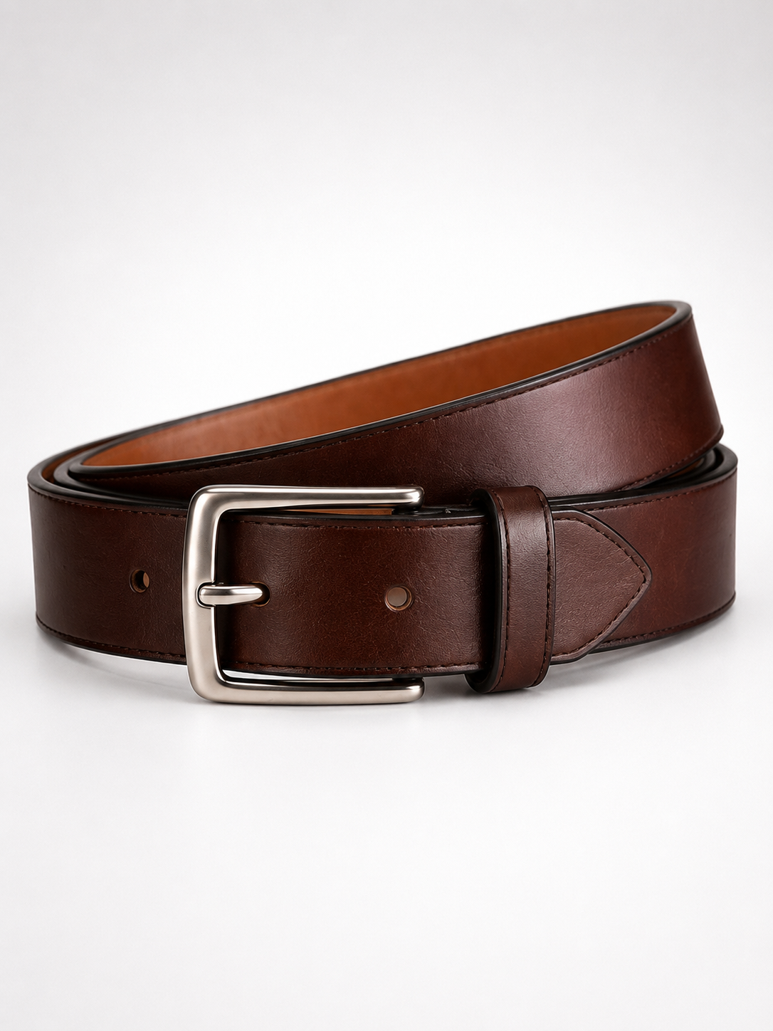 Brown full-grain leather belt with metal buckle
